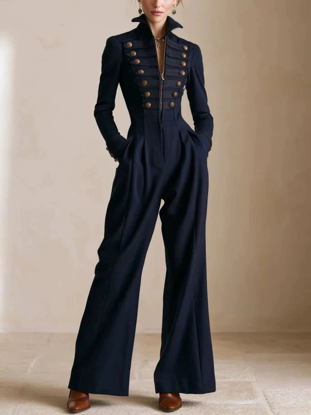 ZARA Navy Retro Military Jumpsuit Double Breasted Wide Leg